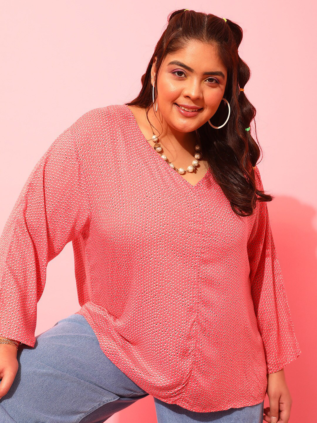 CURVY STREET Pink Plus Size Polka Dots Printed V-Neck Crepe Top