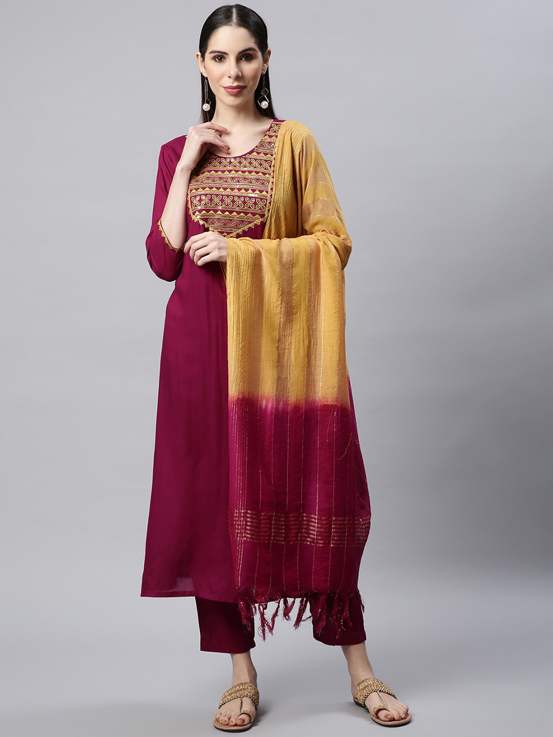 Sringam Embroidered Regular Yoke Design Thread Work Kurta with Trousers & Dupatta