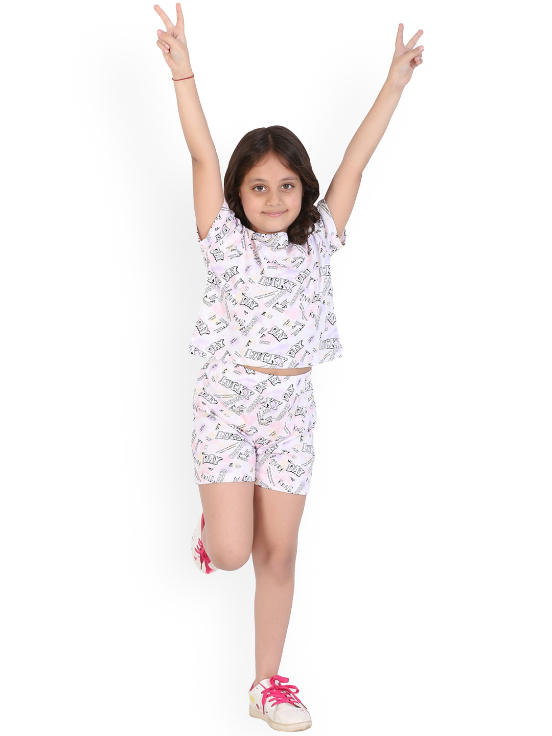 Ninos Dreams Girls Typography Printed Pure Cotton T-shirt With Shorts