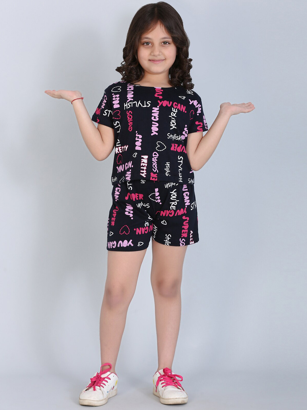Ninos Dreams Girls Typography Printed Pure Cotton T-shirt With Shorts