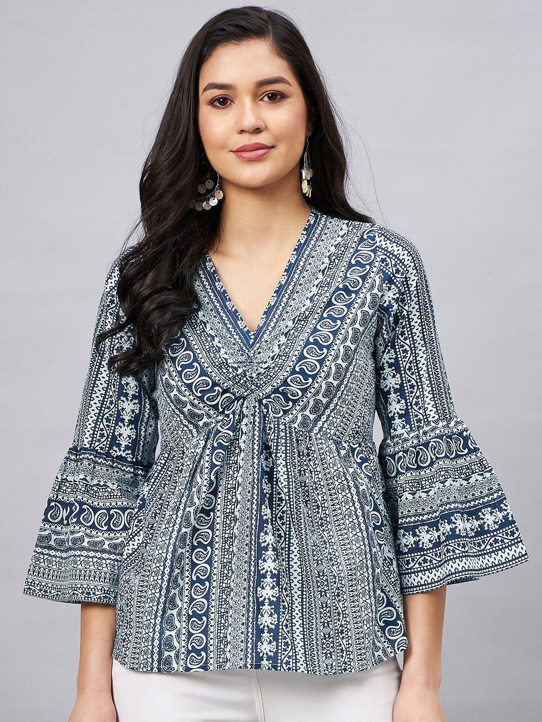 WineRed Navy Paisley Printed V-Neck Pure Cotton Ethnic Tunic