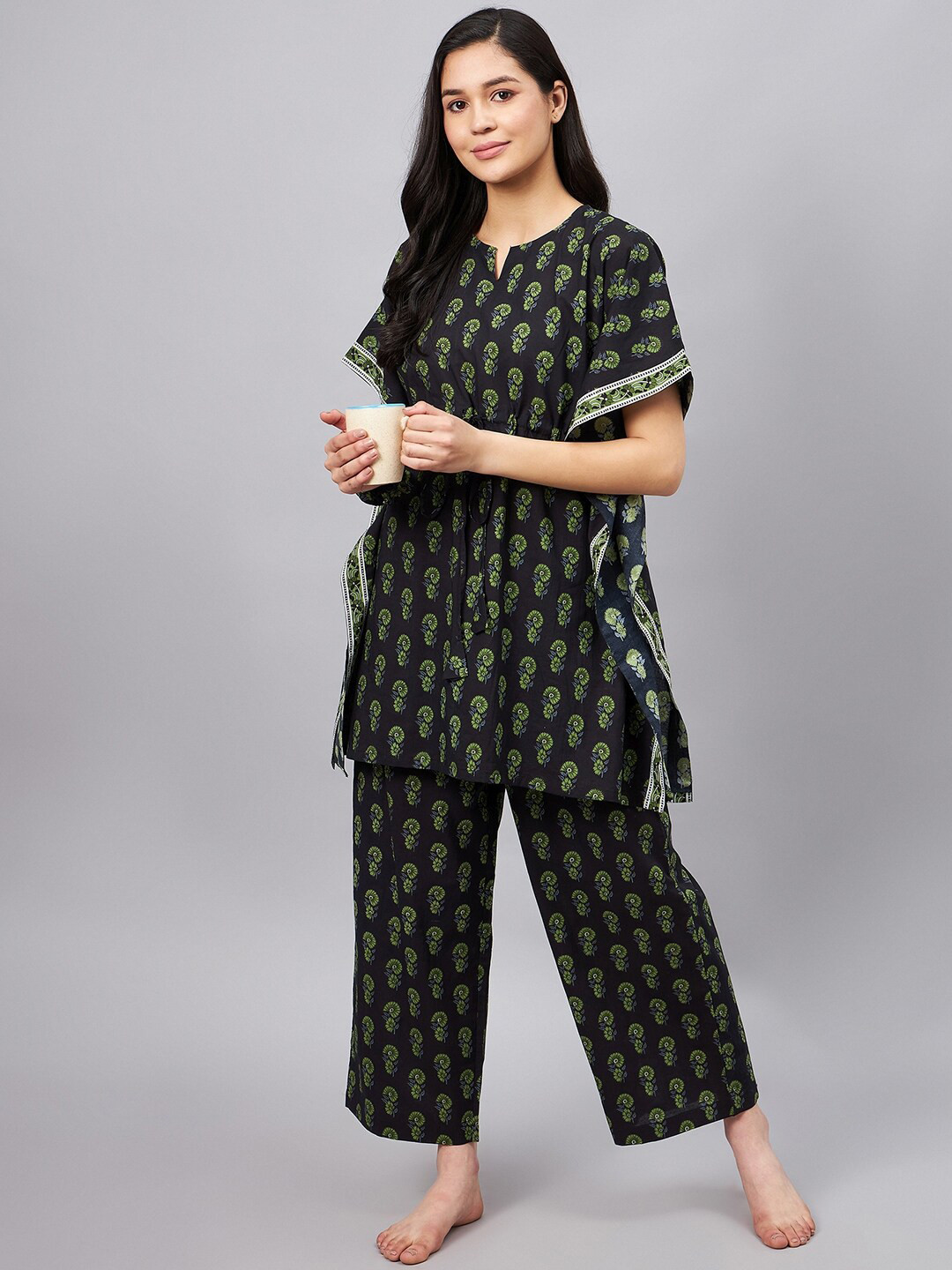 WineRed Floral Printed Pure Cotton Kaftan Night Suit With Scrunchie