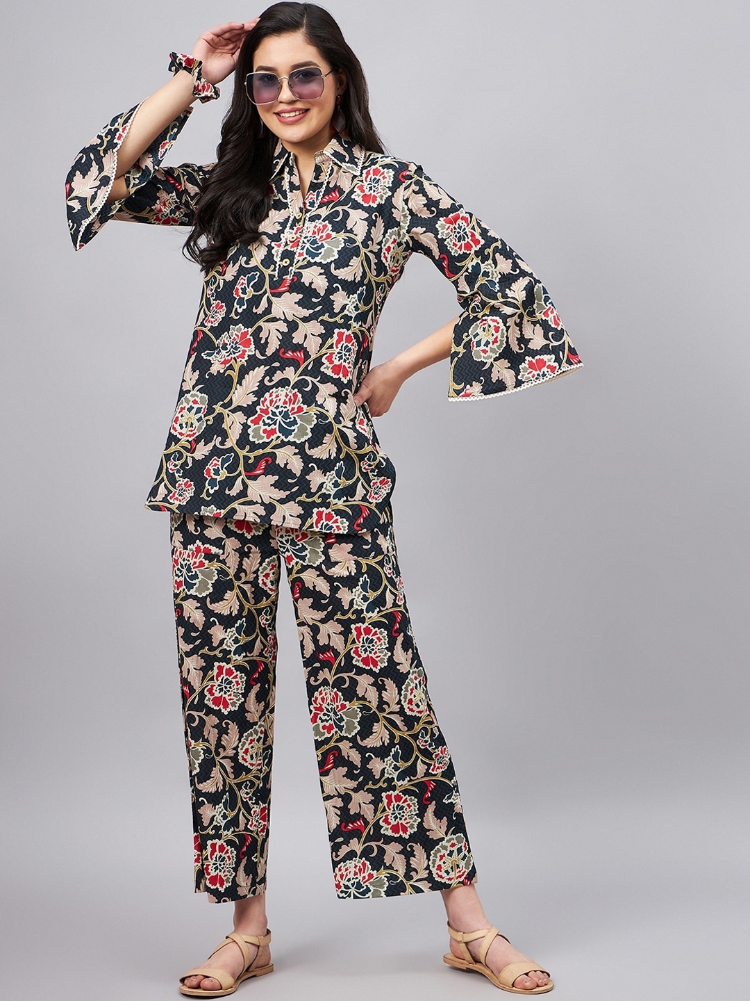 WineRed Floral Printed Pure Cotton Tunic & Palazzo