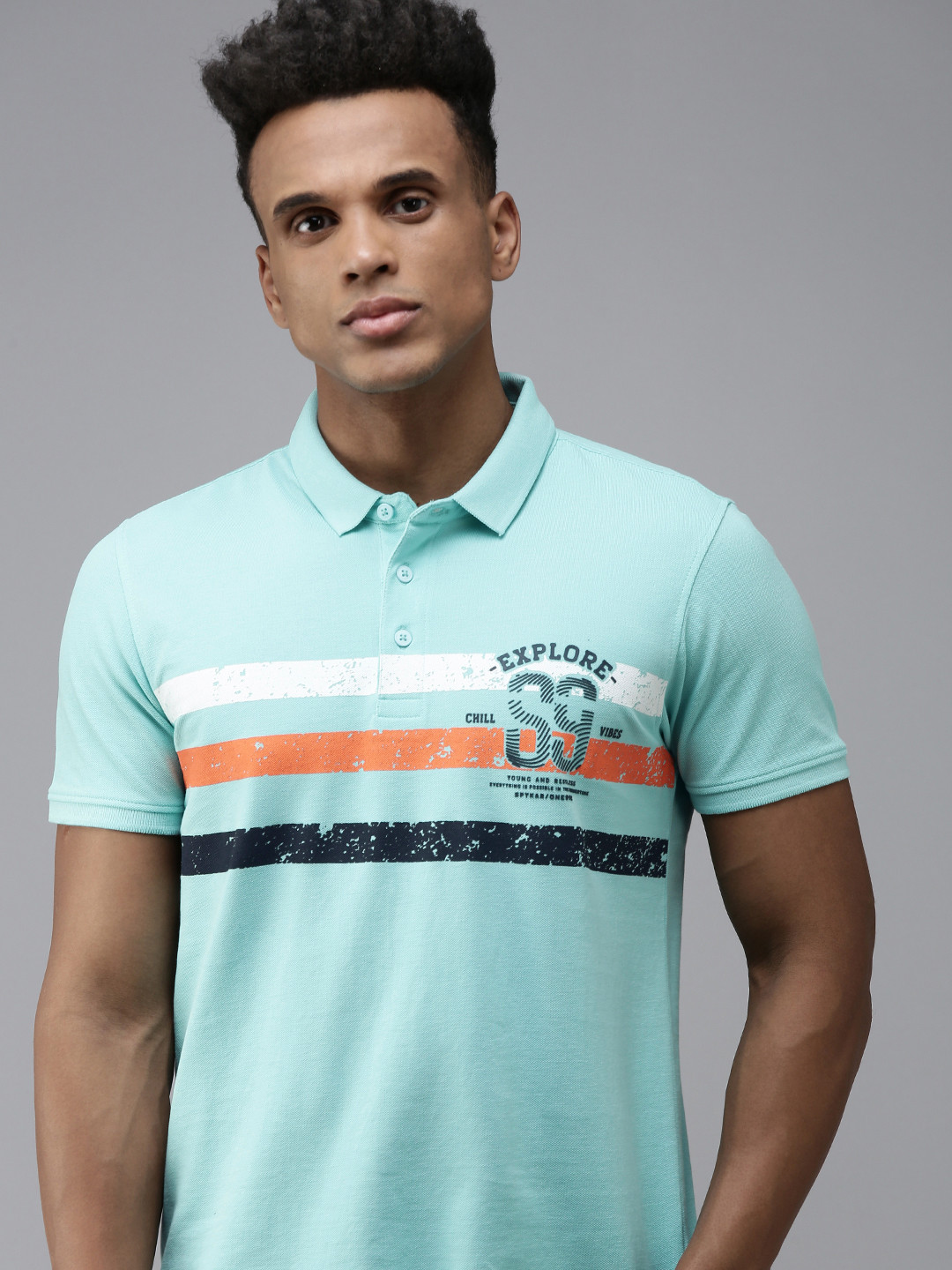 SPYKAR Striped & Graphic Printed Polo Collar Pure Cotton Slim Fit T-shirt