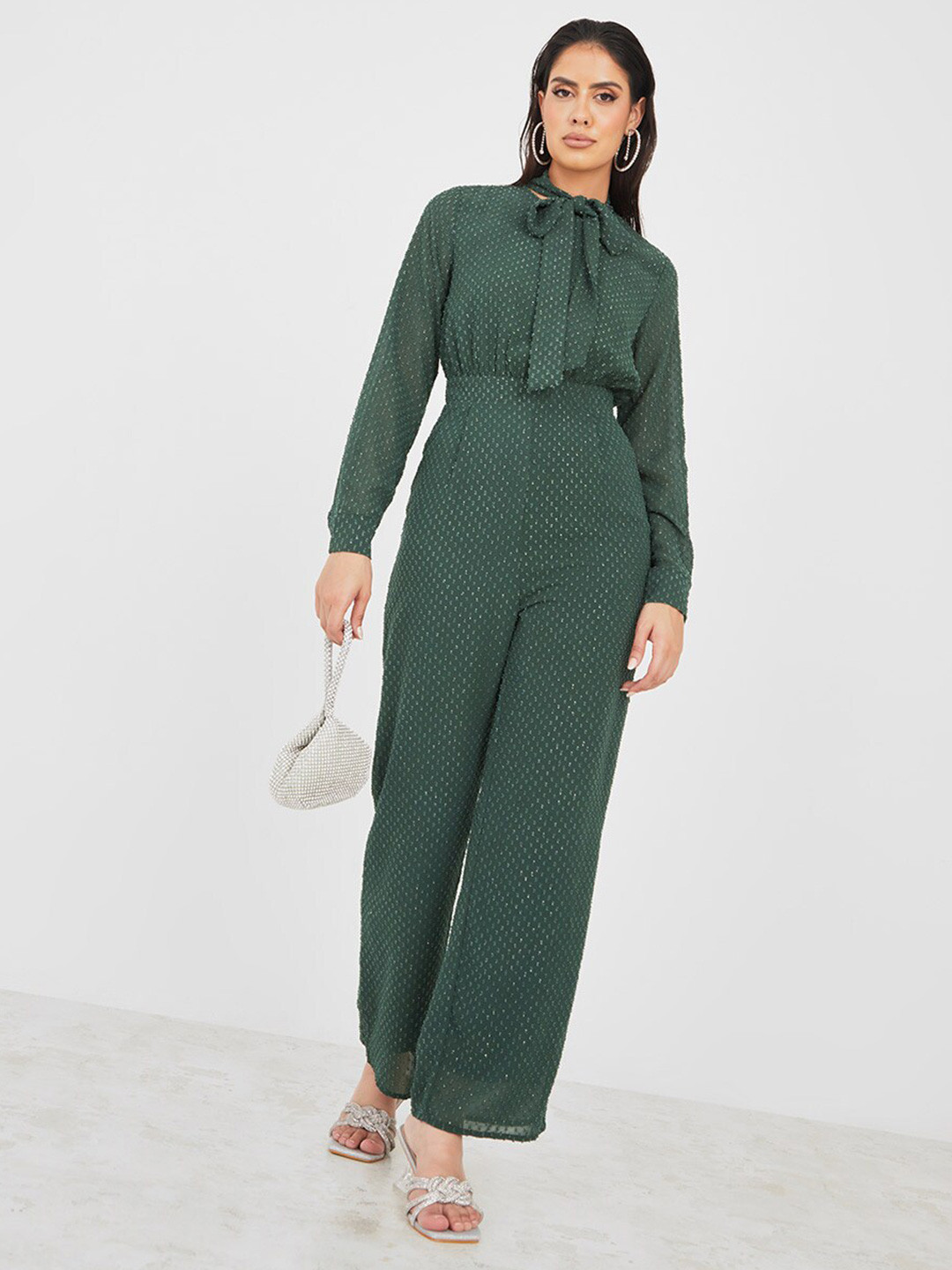 Styli Self Design Tie-Up Neck Basic Jumpsuit