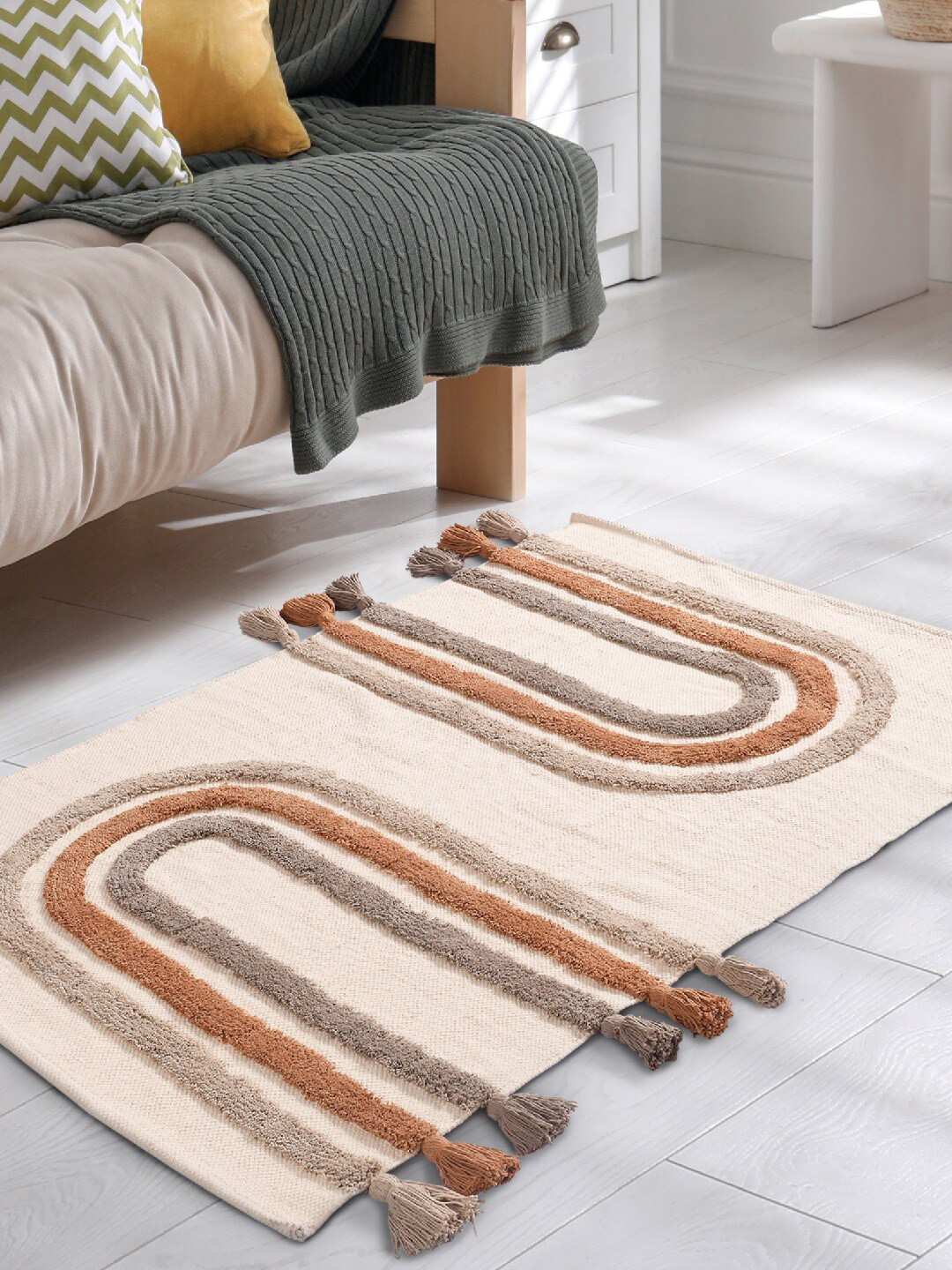 URBAN SPACE Cream-Coloured & Brown Tufted Pure Cotton Anti-Skid Rectangular Carpet