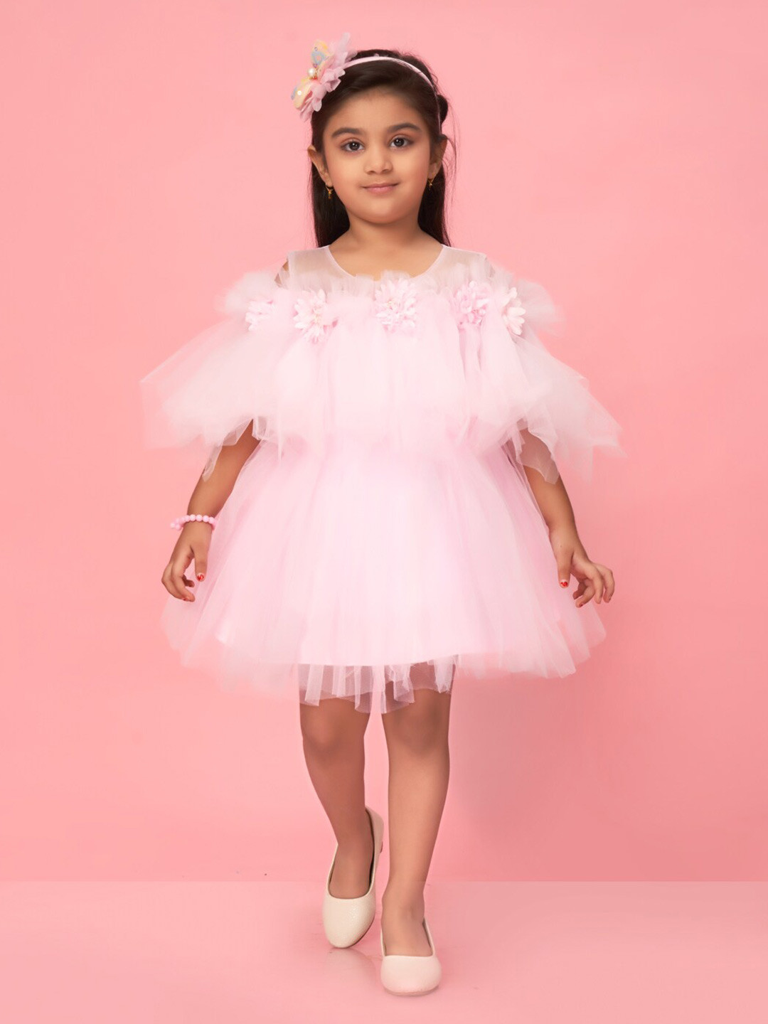 Muhuratam Girls Self Design Cold-Shoulder Sleeves Net Fit & Flare Dress