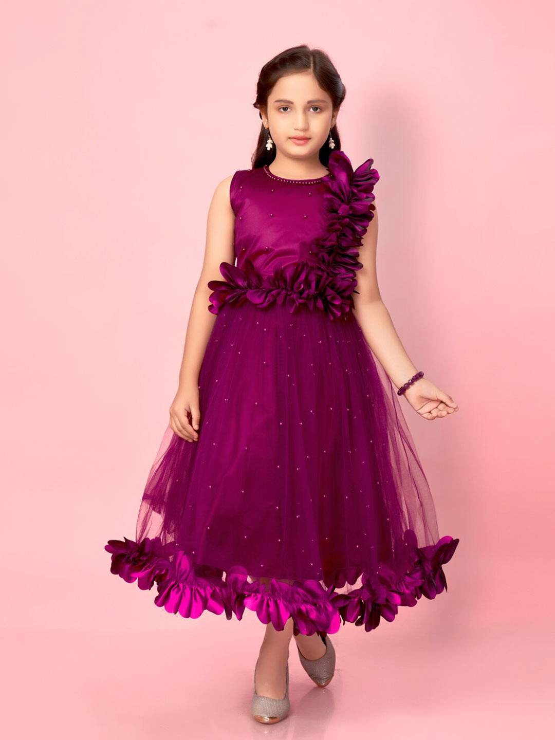 Muhuratam Girls Self Design Net Maxi Dress