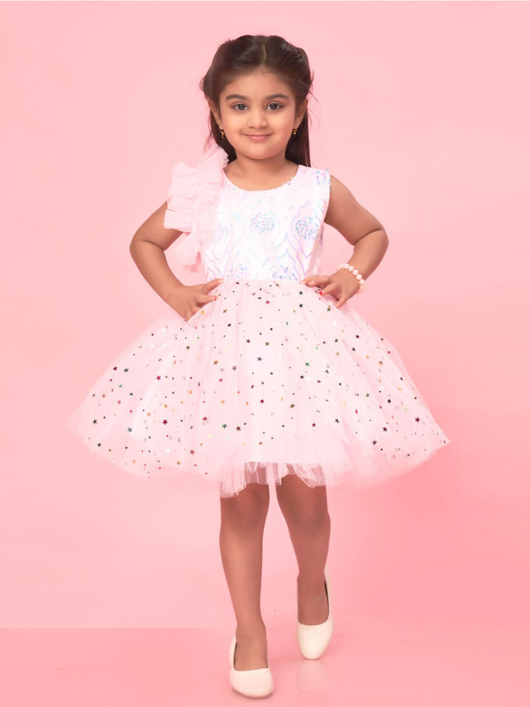 Muhuratam Girls Sequin Embellished Gathered Net Fit and Flare Dress