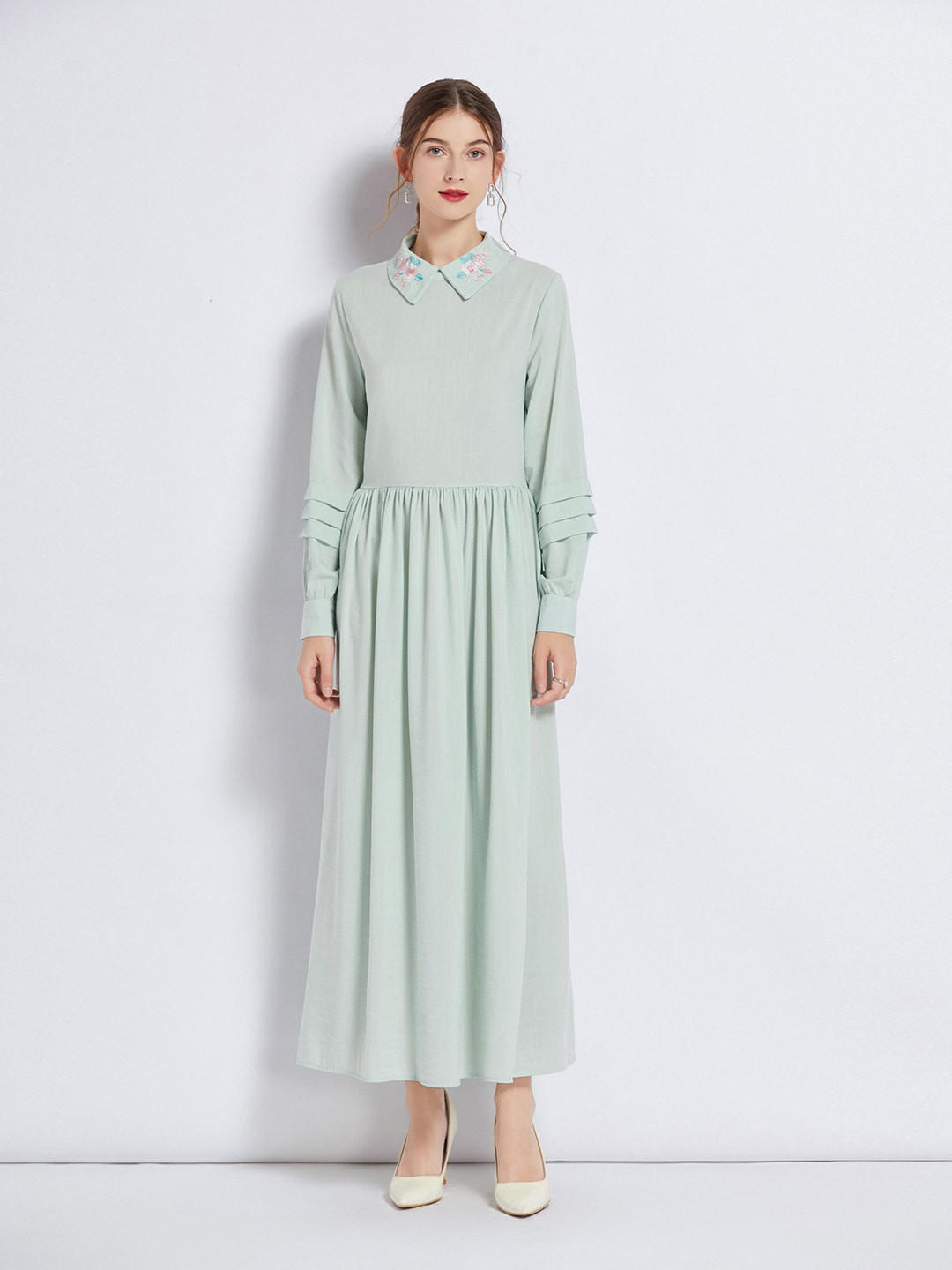 JC Collection Shirt Collar Gathred Or Pleated Maxi Dress