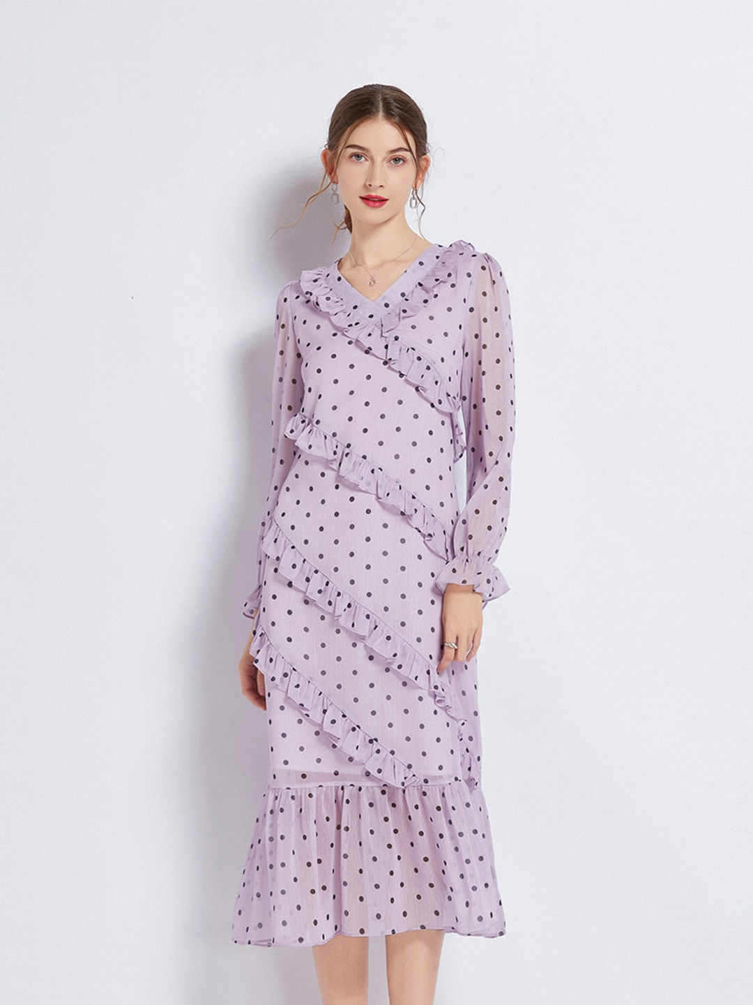 JC Collection Polka Dots Printed Puff Sleeves Ruffles A-Line Midi Dress