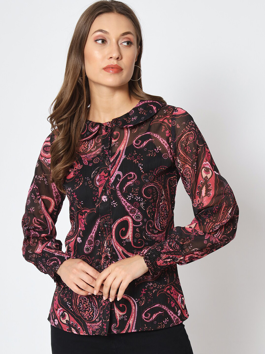 CHARMGAL Floral Printed Peterpan Collar Shirt Style Chiffon Top