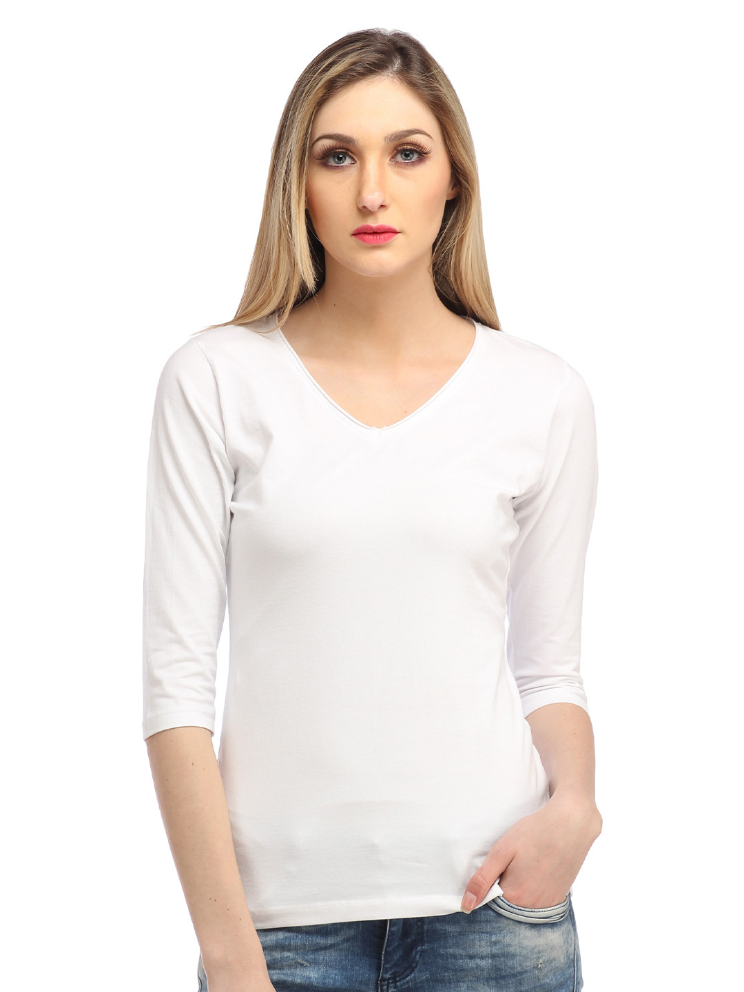 Cation White V-Neck Long Sleeves Fitted Cotton Top