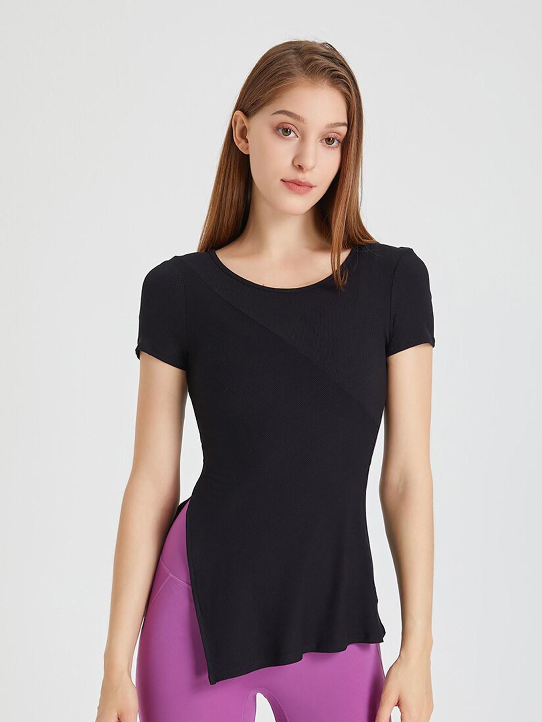 JC Collection Round Neck Side Slit Fitted Top