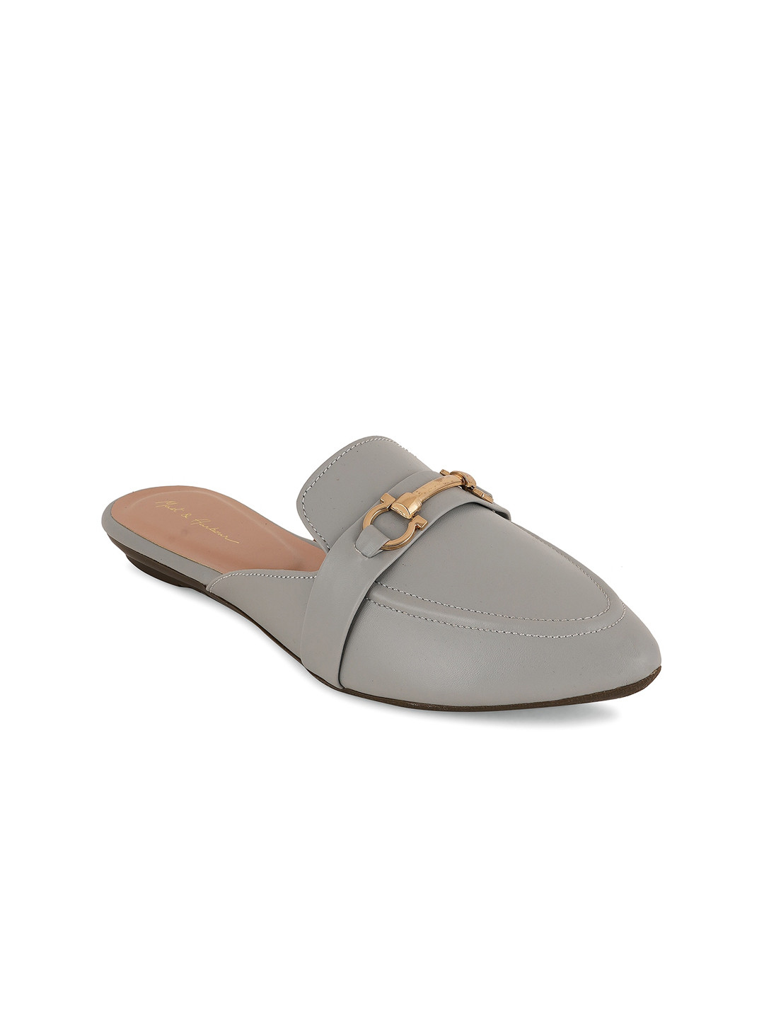 Mast & Harbour Women  Grey & Gold Toned Pointed Toe Embellished Mules