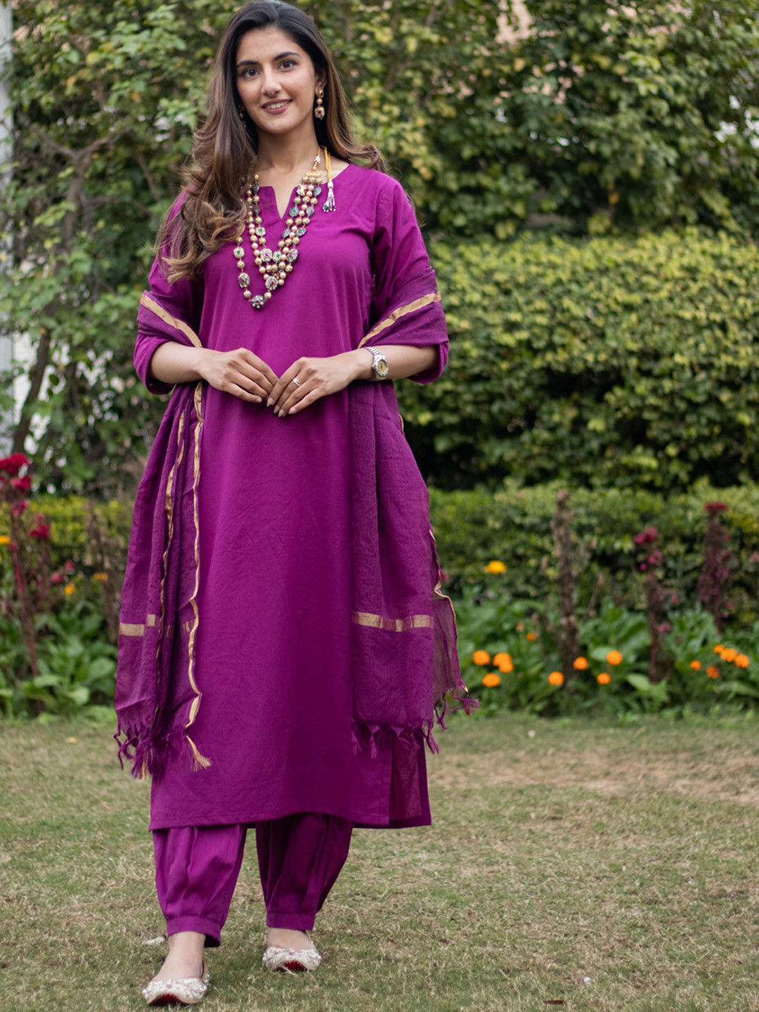 DIMPLE DESIGN STUDIO Notched Neck Pure Cotton Kurta with Salwar & Dupatta