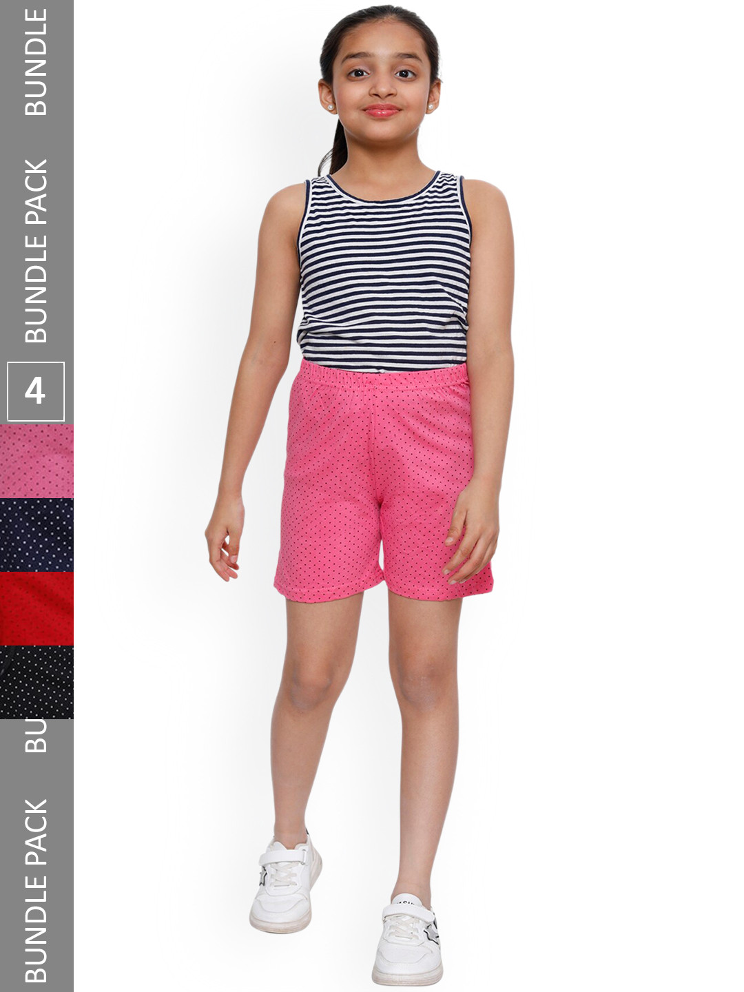 IndiWeaves Girls Pack Of 4 Polka Dots Printed High-Rise Pure Cotton Shorts