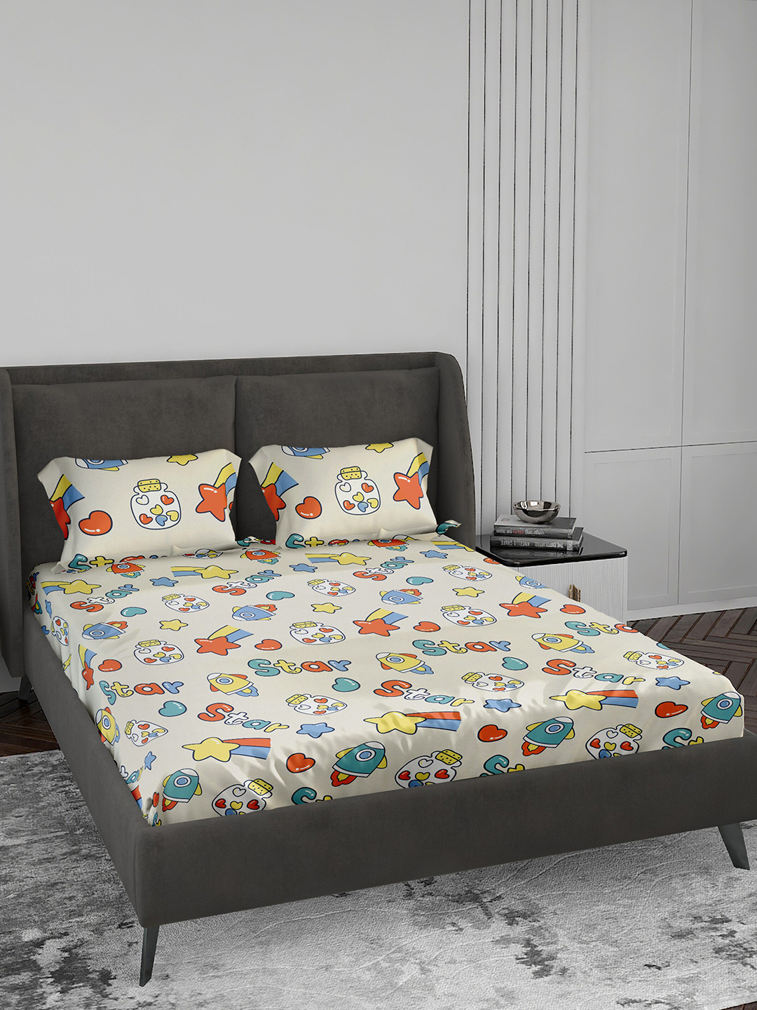 LABHAM Kids Mania Beige Conversational Cotton 144 TC King Bedsheet with 2 Pillow Covers-88 x 100 inches