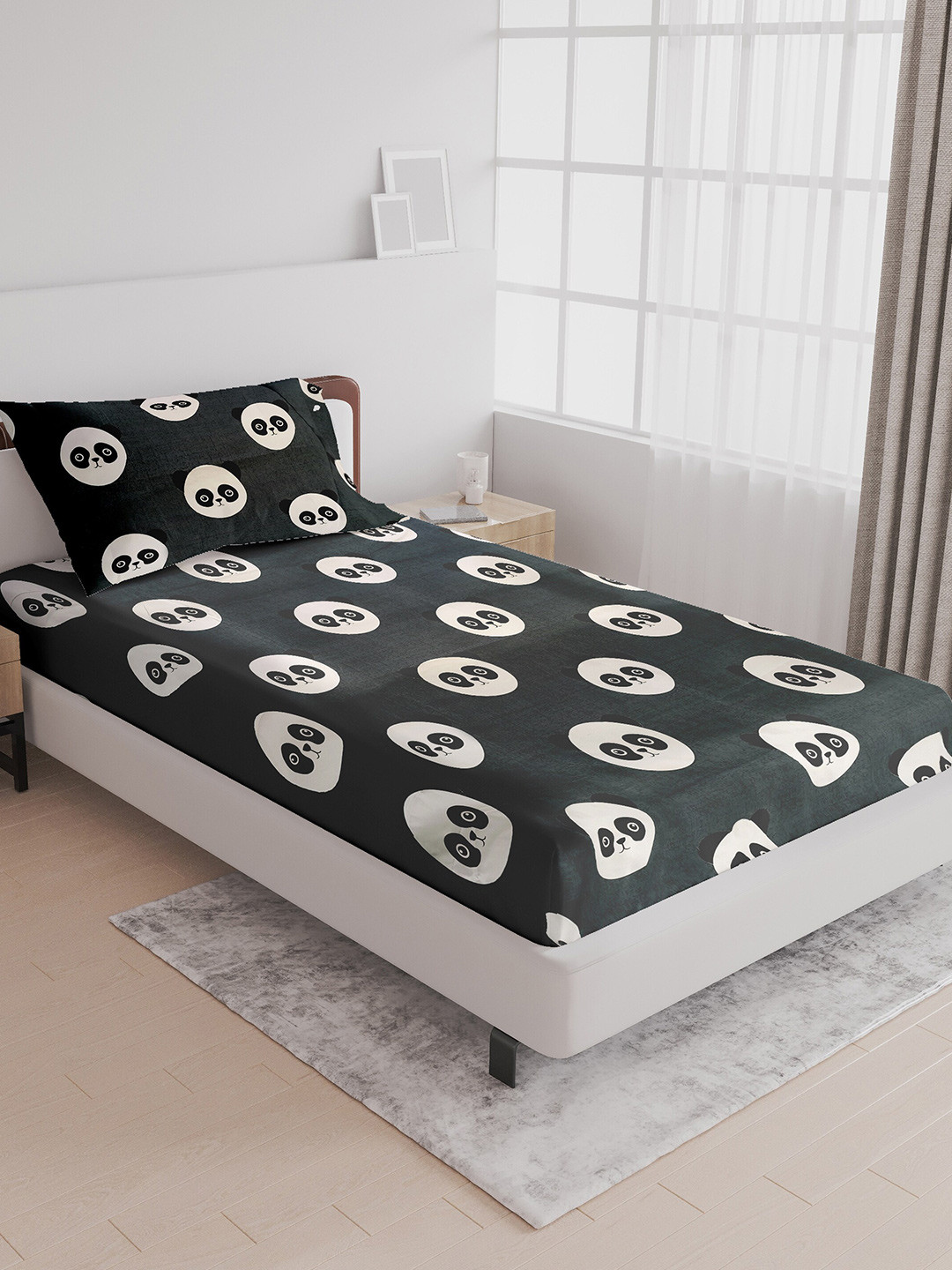 LABHAM Kids Mania Grey Cartoon Characters Cotton Super Soft 144 TC Double Bedsheet with a Pillow Cover-59 x 88 inches