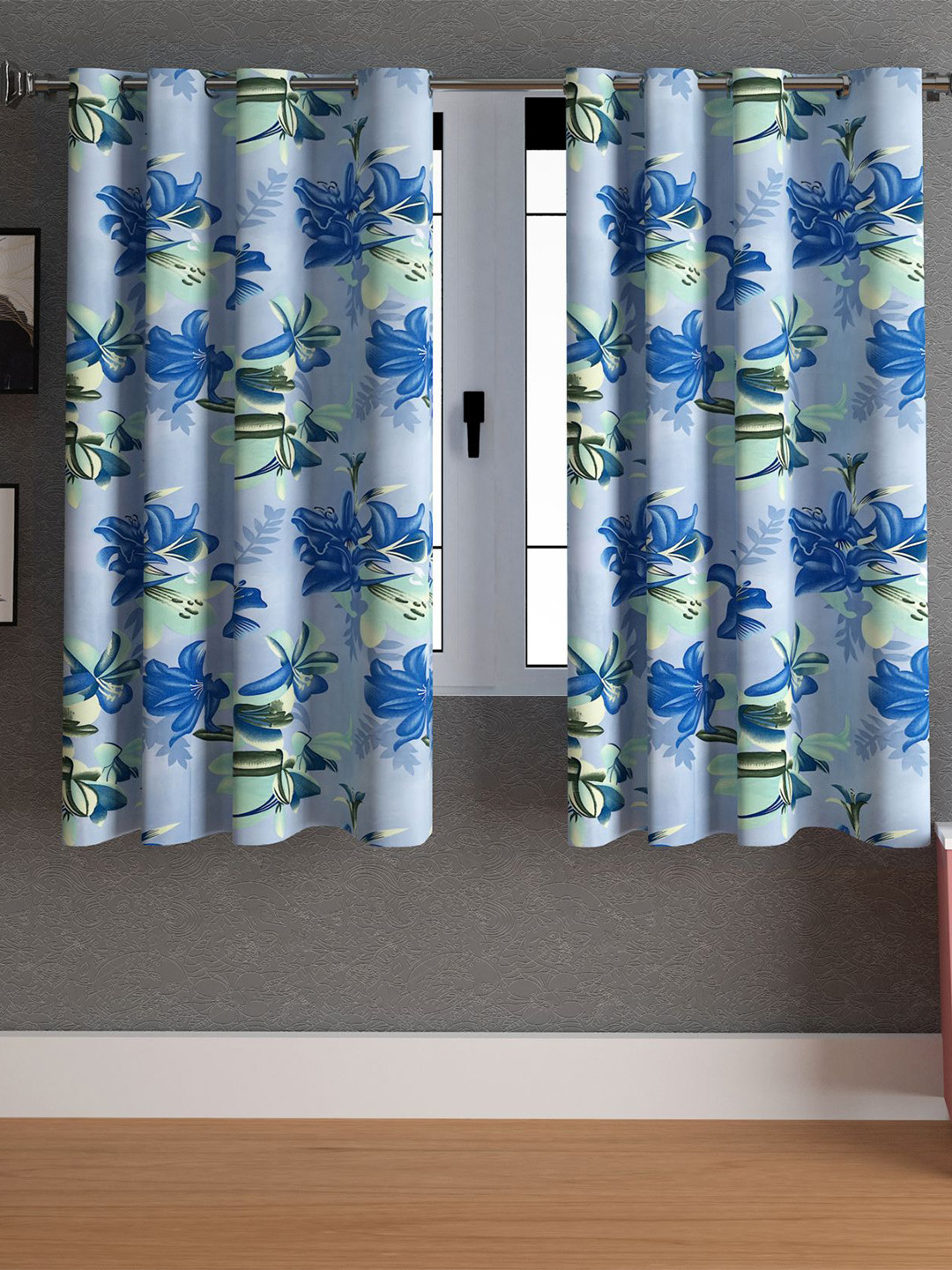 LA VERNE Blue & Green 2 Pieces Floral Printed Window Curtain
