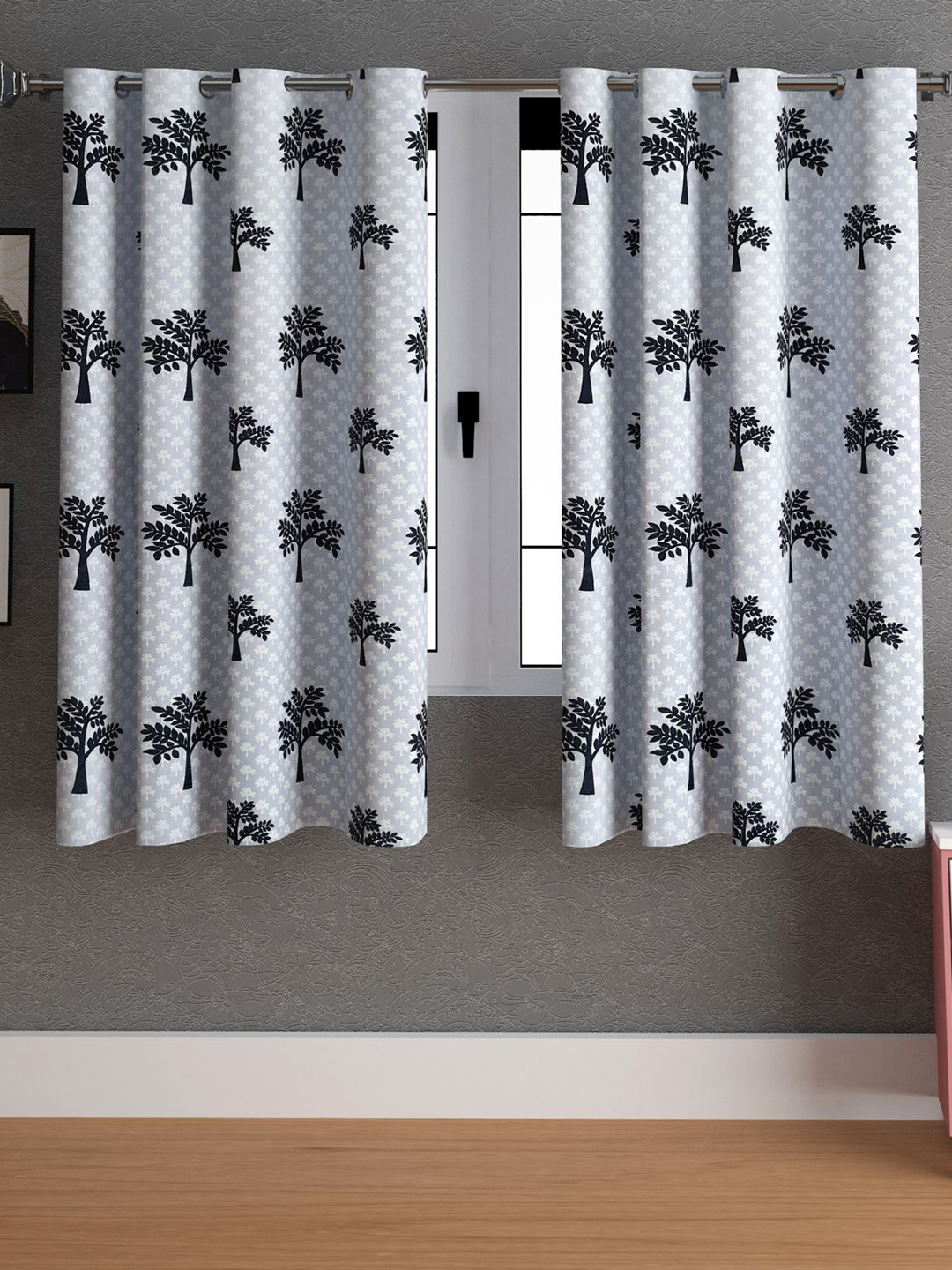 LA VERNE Grey & White 2 Pieces Floral Window Curtains