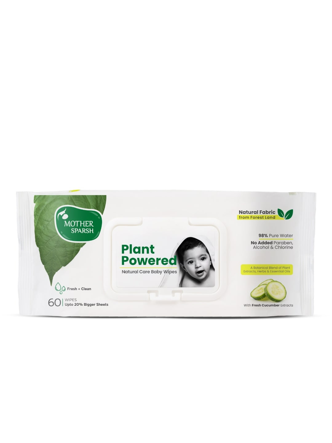 Mother Sparsh Plant Powered Natural Baby Wipes with 98% Water & Cucumber - 60 Pulls