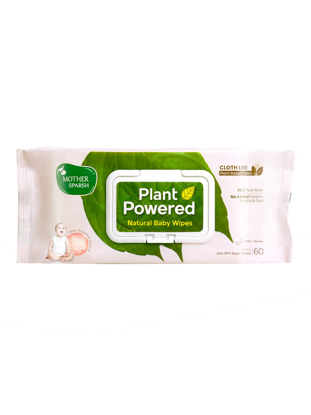 Mother Sparsh Plant Powered Natural Baby Wipes with 98% Water & Grapefruit - 60 Pulls