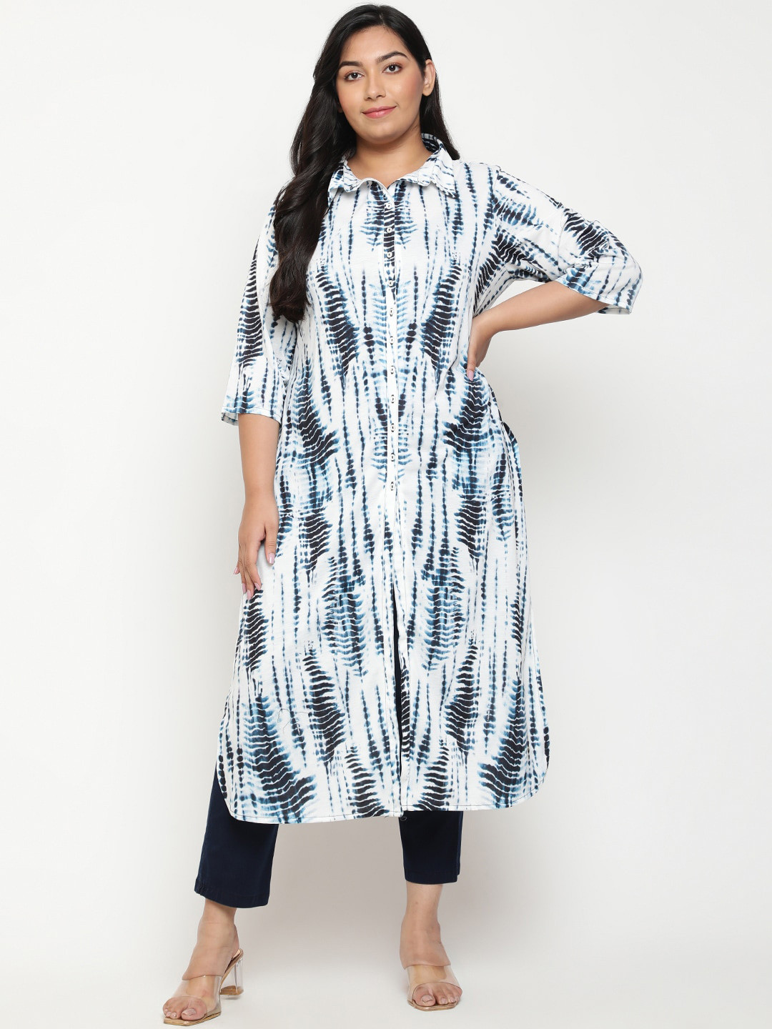 Amydus Plus Size Tie Dye Shibori Dyed Shirt Collar Curved Kurta