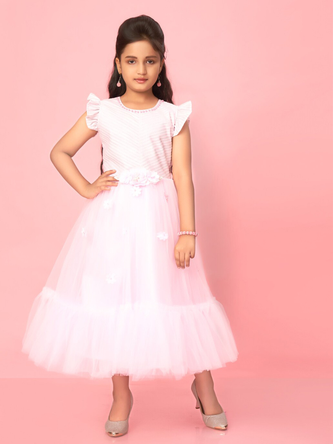 BAESD Girls Net Pearl Embellished Corsage Detailed Fit & Flare Tulle Dress