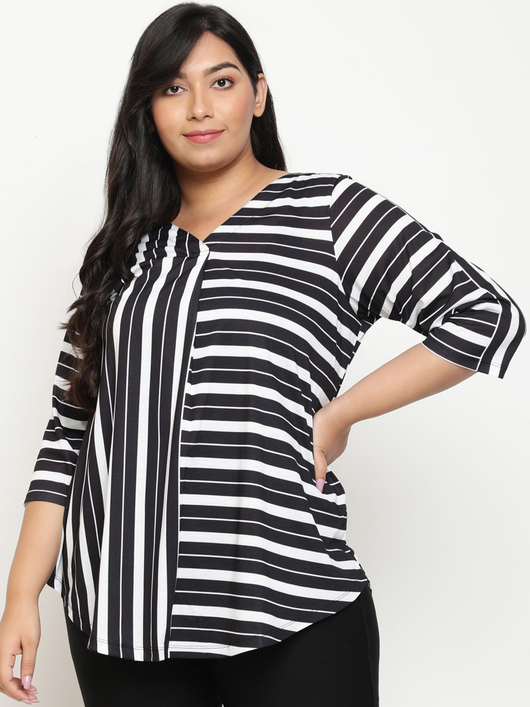 Amydus Plus Size Striped V-Neck Longline Top