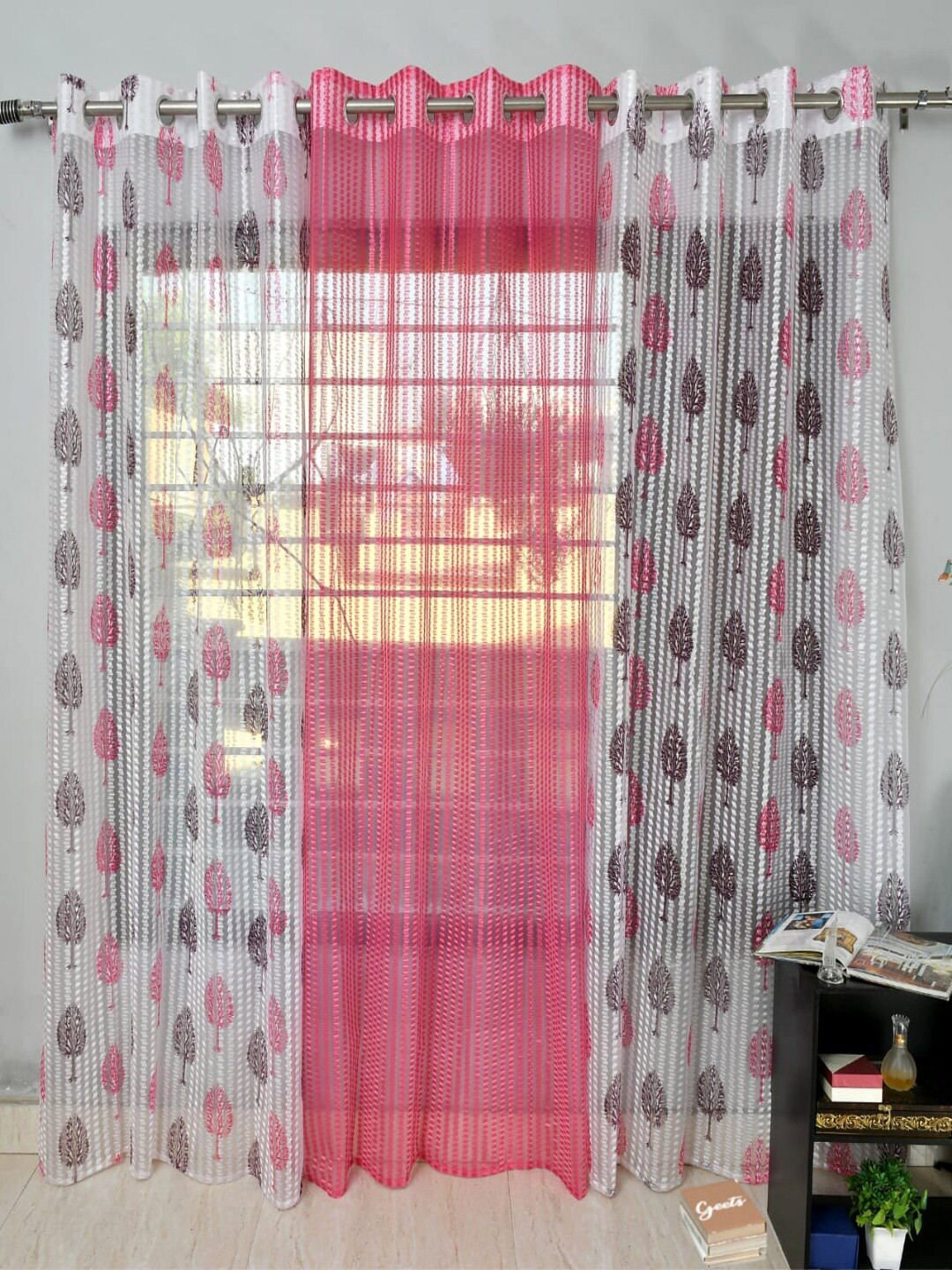 Homefab India Pink & White 3 Pieces Floral Printed Sheer Door Curtains