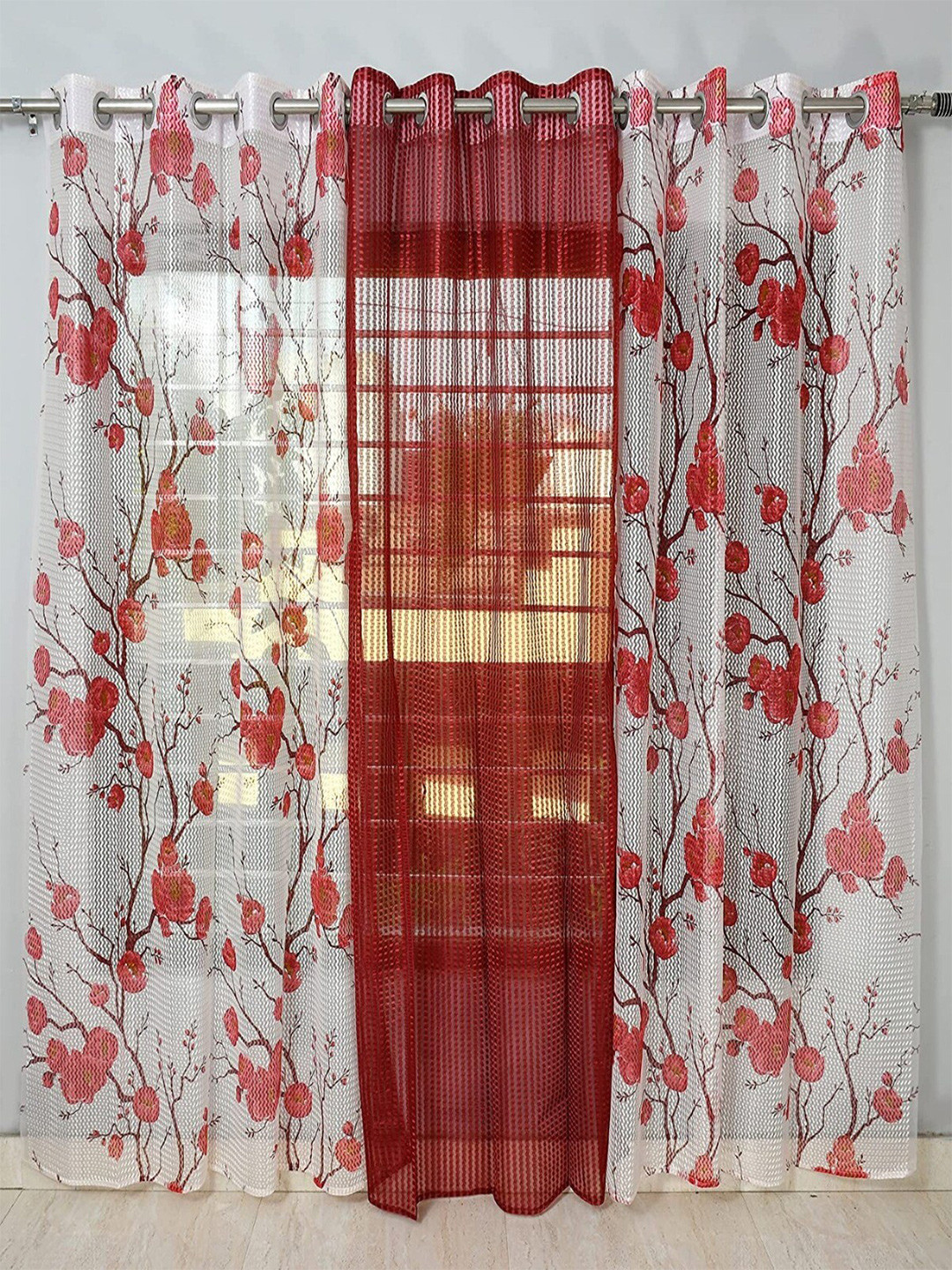 Homefab India 2fliplotus+Flip Maroon & White 3 Pieces Floral Sheer Door Curtains