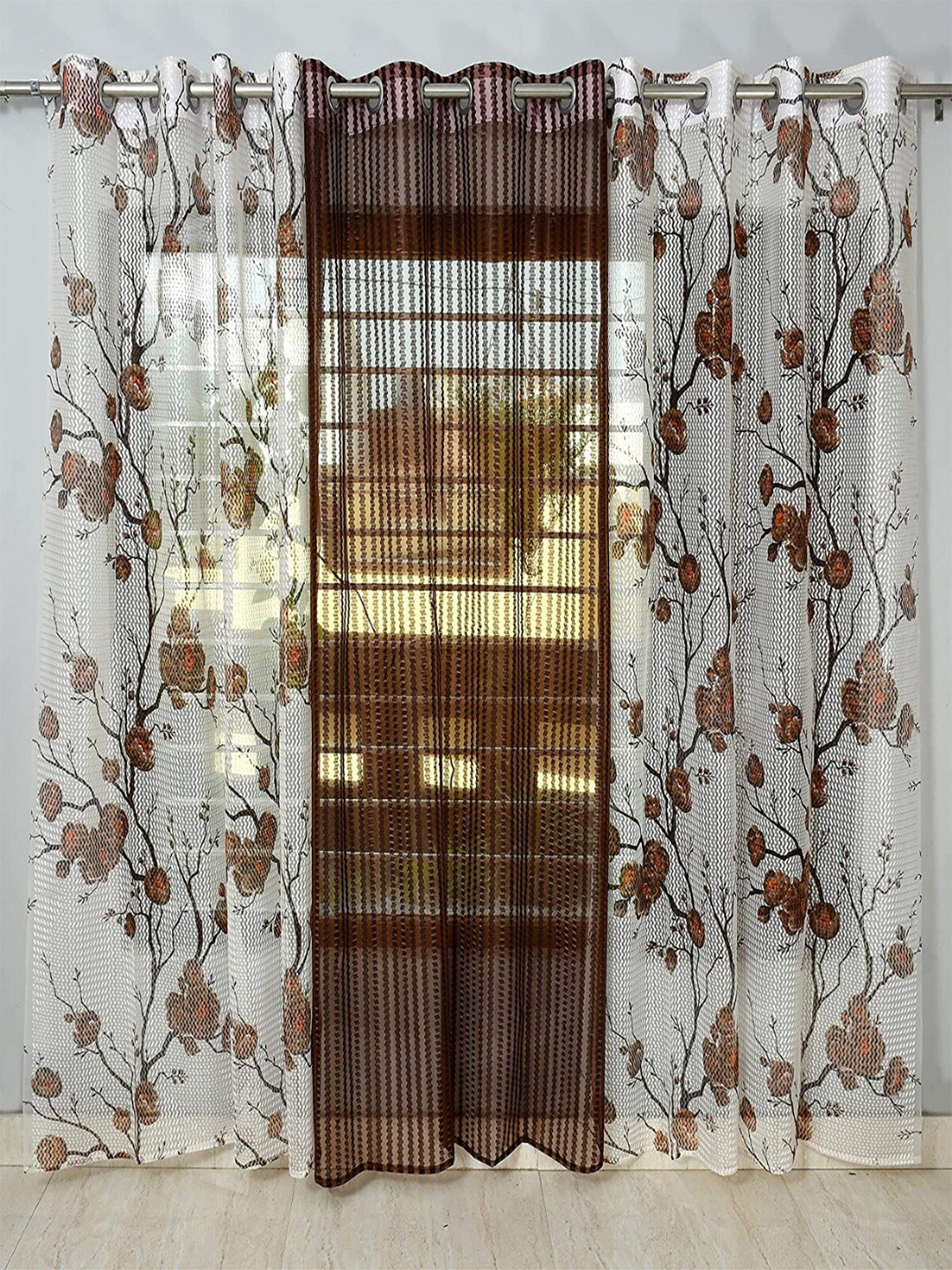 Homefab India 2fliplotus+Flip Brown & White 3 Pieces Floral Sheer Long Door Curtains