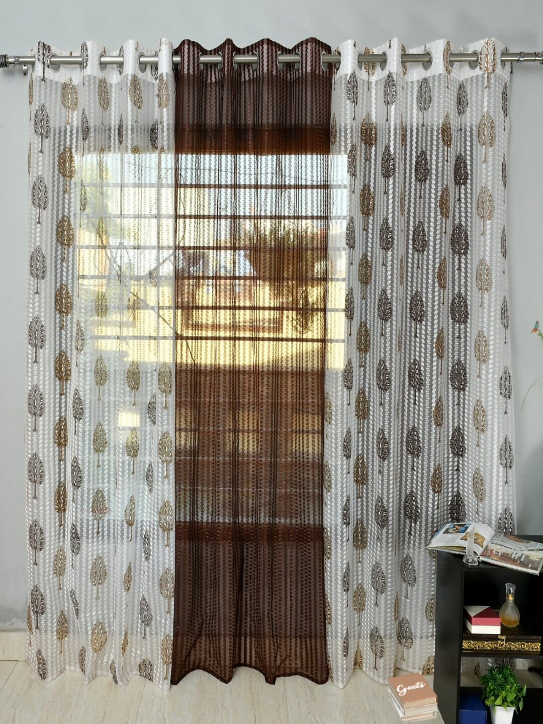Homefab India 2fliptree+Flip Brown & White 3 Pieces Floral Sheer Window Curtains