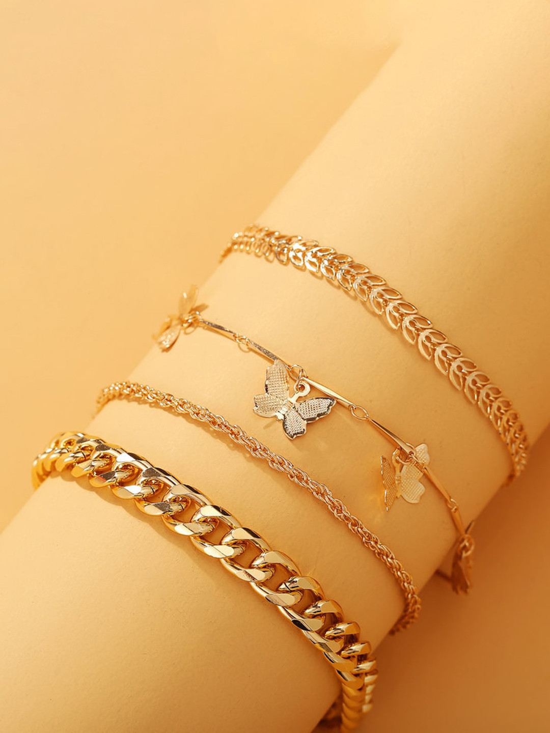 Shining Diva Fashion Set Of 4 Gold-Plated Butterfly Anklets