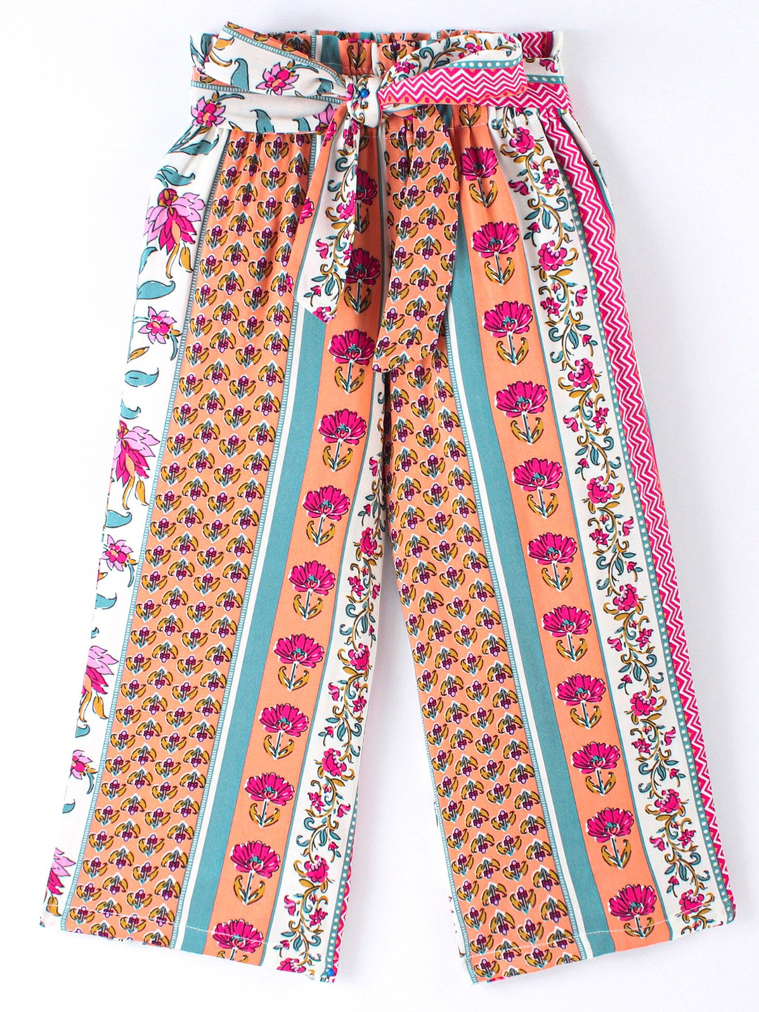 CrayonFlakes Girls White Floral Printed Knitted Straight Flared Palazzos