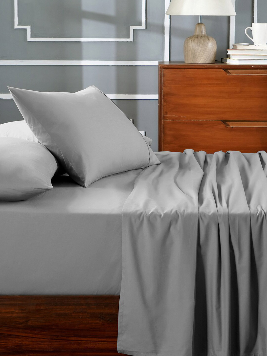 MASPAR Eden Grey Cotton 144 TC Fitted King Bedsheet with 2 Pillow Covers-108 x 108 inches