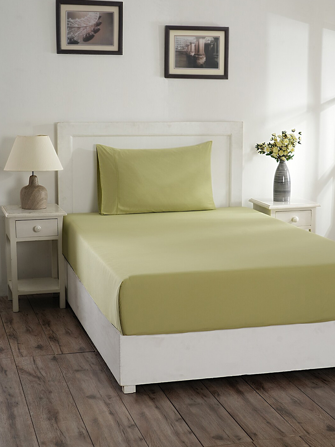 MASPAR Eden Green 144 TC Cotton Single Bedsheet With 1 Pillow Cover