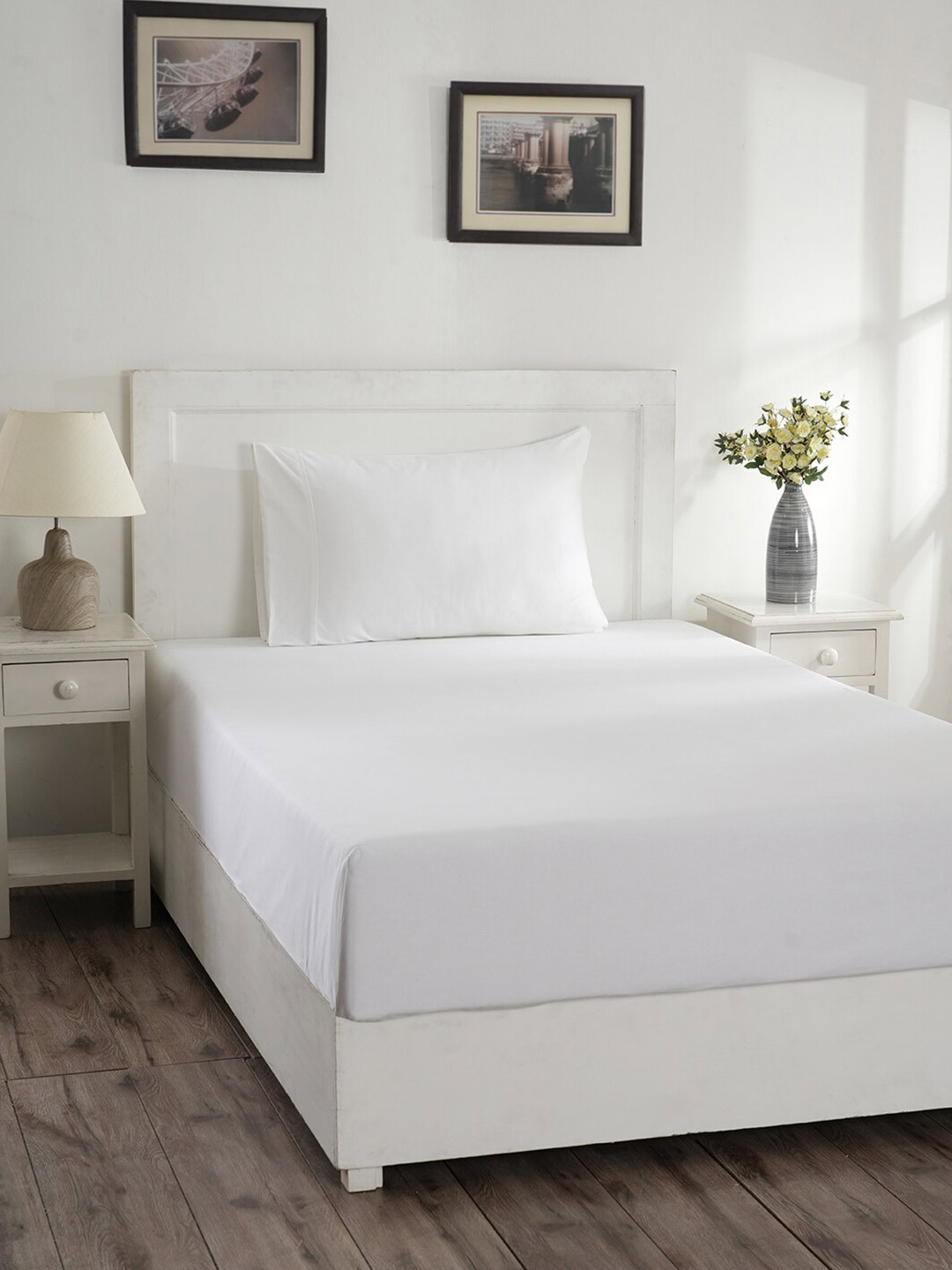 MASPAR Colorart Eden White 144TC Cotton Single Bedsheet & 1 Pillow Cover