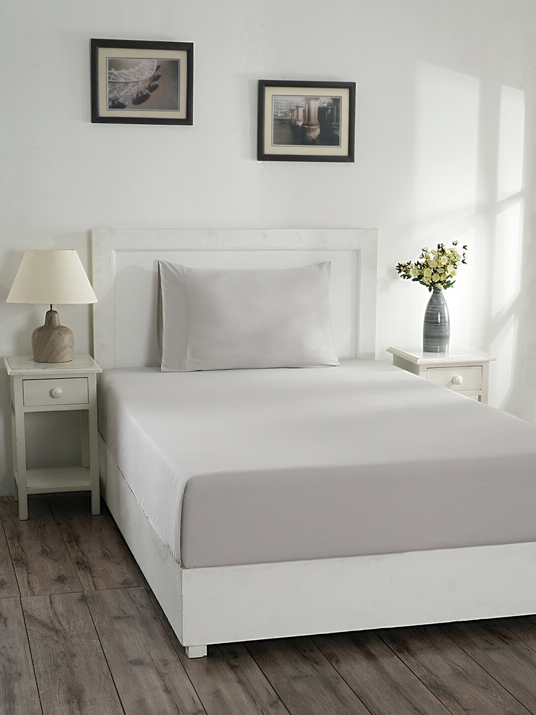 MASPAR Maspar Colorart Eden Grey 144TC Cotton Single Bedsheet & 1 Pillow Cover