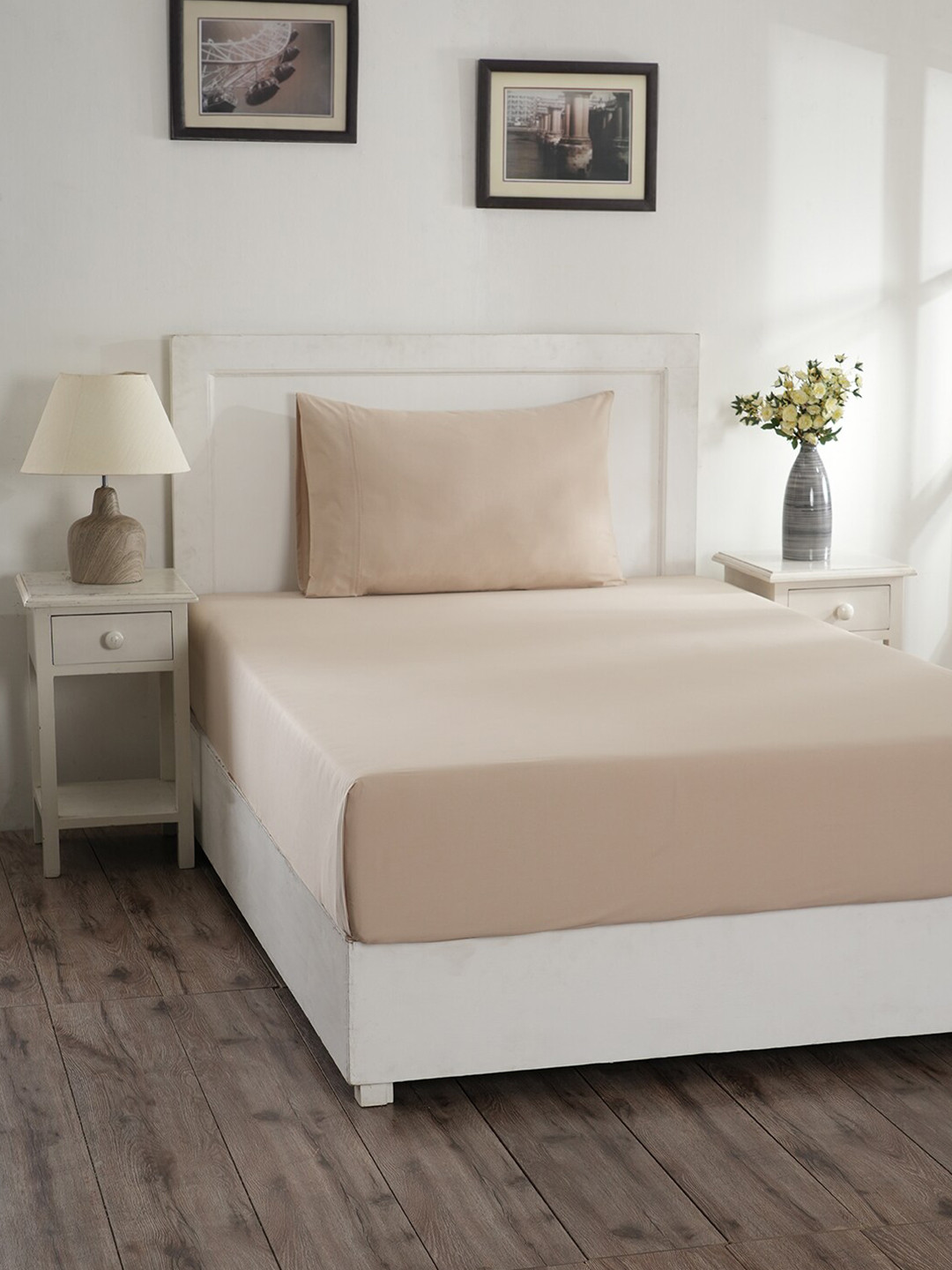 MASPAR Beige Cotton 144 TC Single Bedsheet with a Pillow Cover-88 x 60 inches
