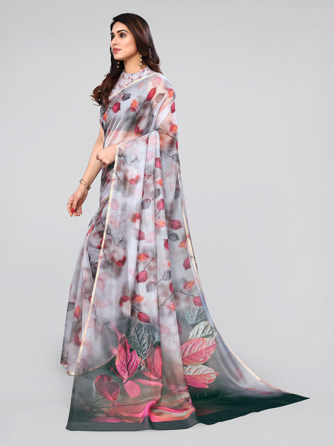 MIRCHI FASHION Off White & Pink Floral Printed Zari Organza Saree