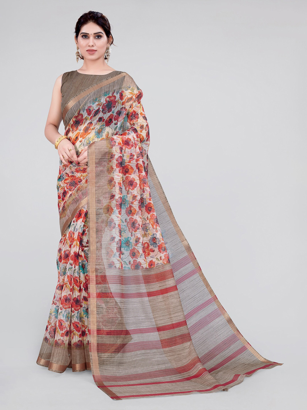 MIRCHI FASHION Rust & Blue Floral Printed Zari Saree