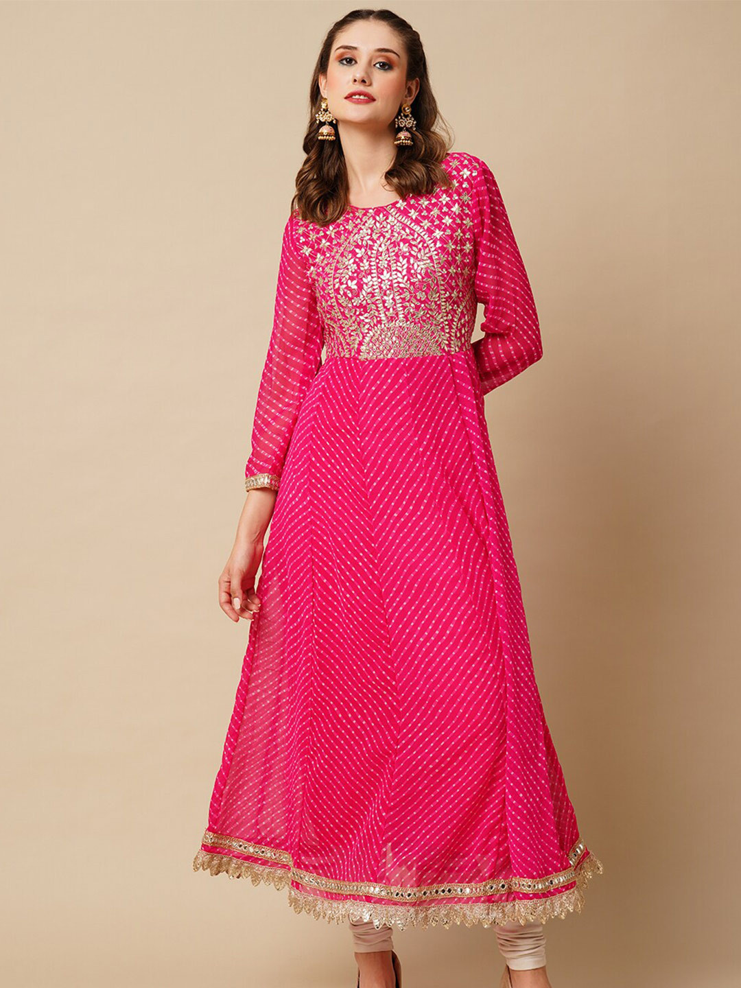 FASHOR Magenta Geometric Printed Maxi Ethnic Dresses With Embroidered Detail