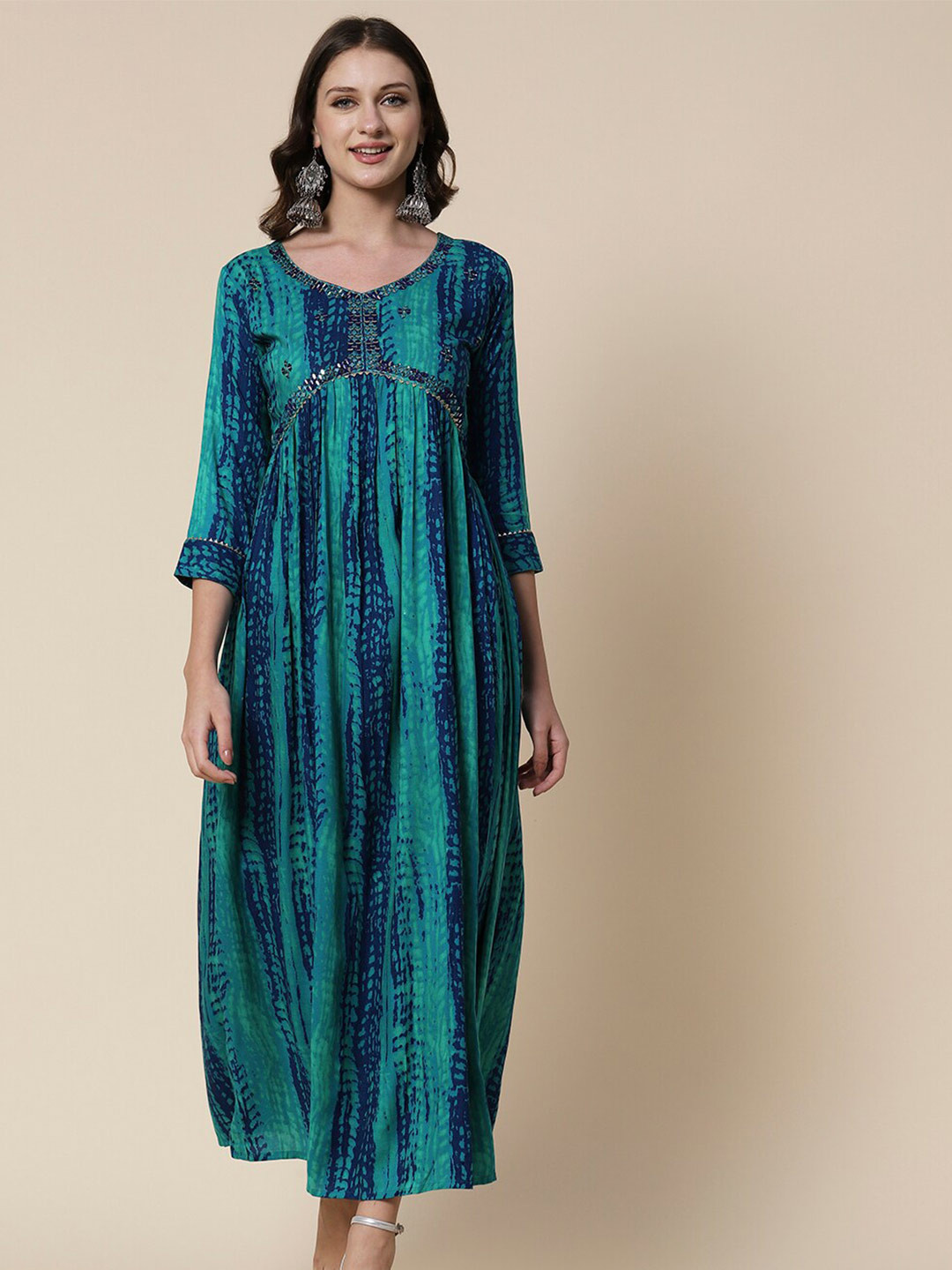 FASHOR Teal Tie & Dye Ethnic Motifs Print Fit & Flare Maxi Dress