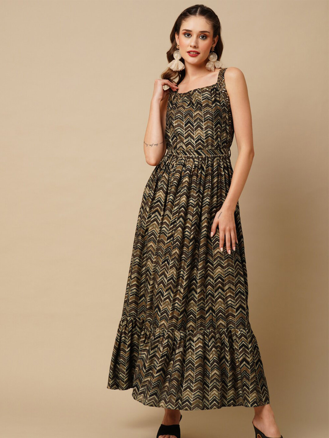 FASHOR Brown & Beige Geometric Printed Square Neck Maxi Ethnic Dresses With Tie-Ups Detail