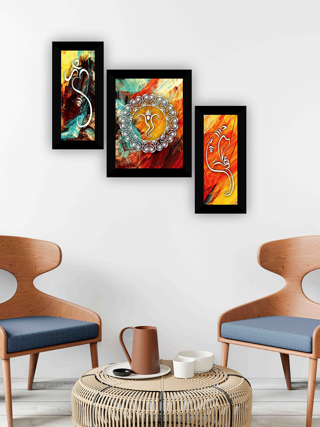 SAF Orange & Mustard 3 Pieces Lord Ganesha Wall Art