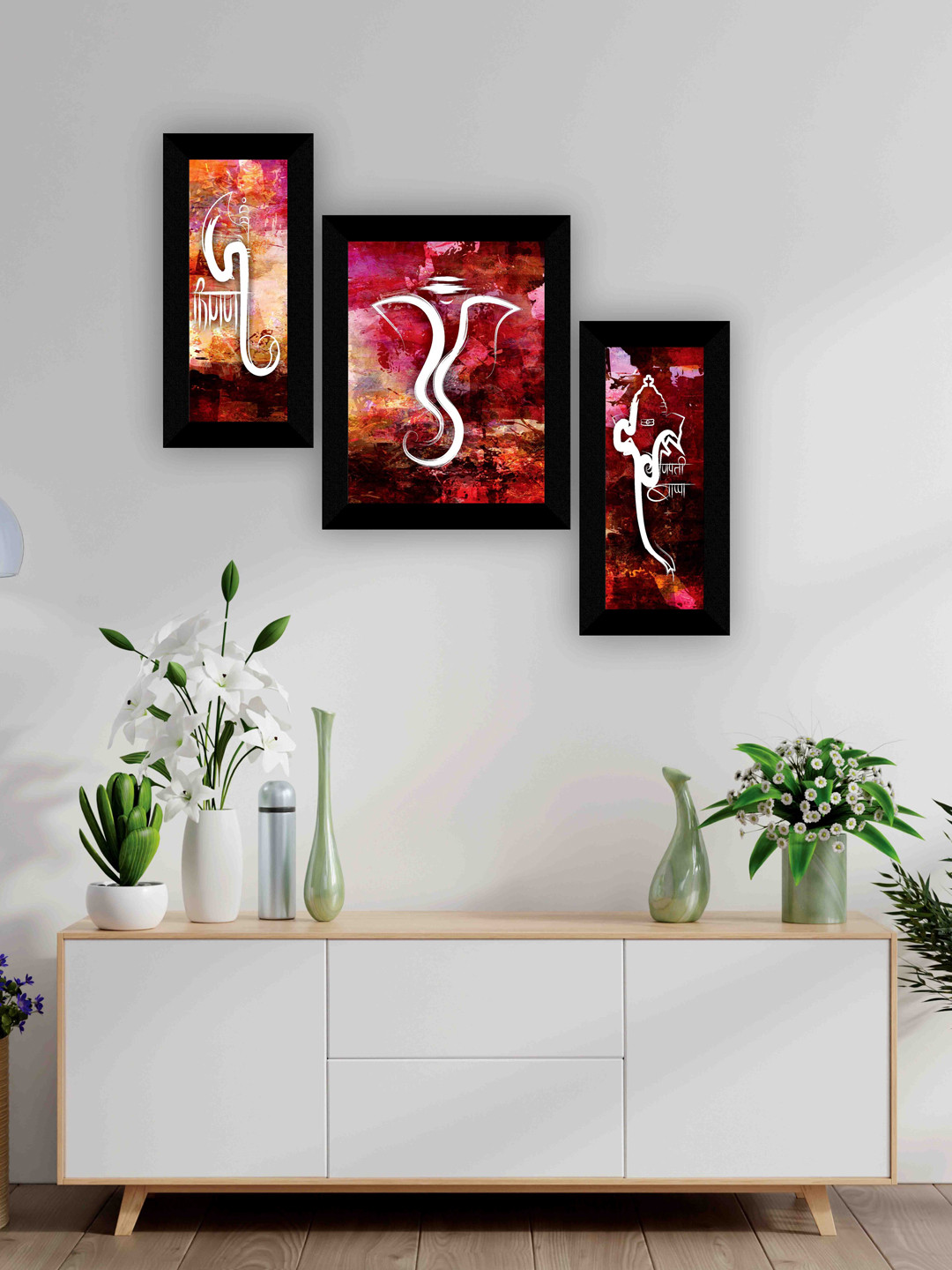 SAF Brown & Red 3 Pieces Lord Ganesha Wall Art