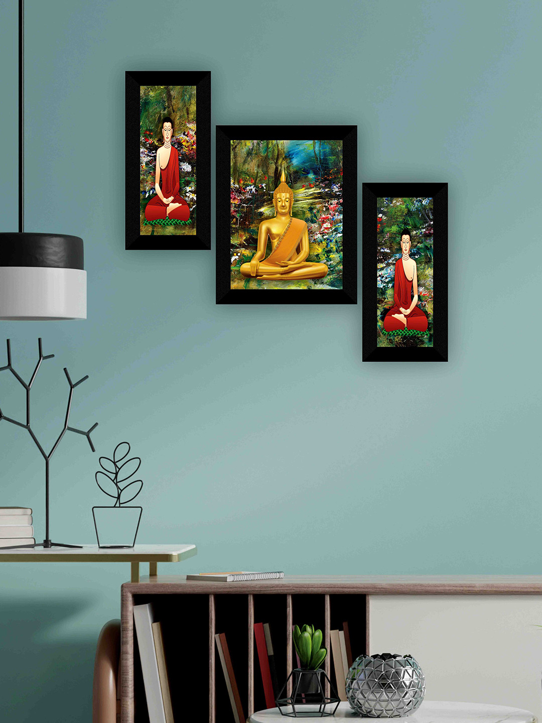 SAF Green & Red 3 Pieces Lord Buddha Wall Art