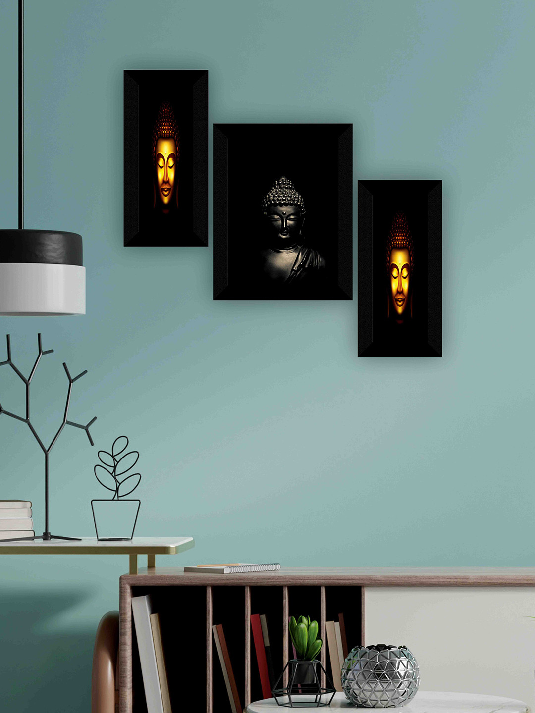 SAF Lord Buddha Paper 3 Piece Wall Rectangle Paintings Wall Art -19.5 x 7.5In